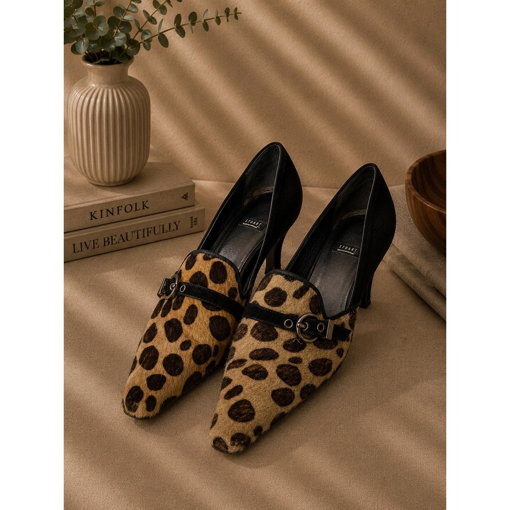Stuart Weitzman Animal‎ Hair  Pointed Toe d'Orsay Kitten Heels Buckle Size 8